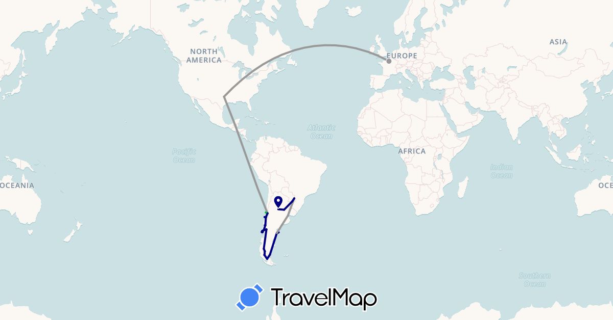 TravelMap itinerary: driving, bus, plane, hiking in Argentina, Chile, France, United States (Europe, North America, South America)